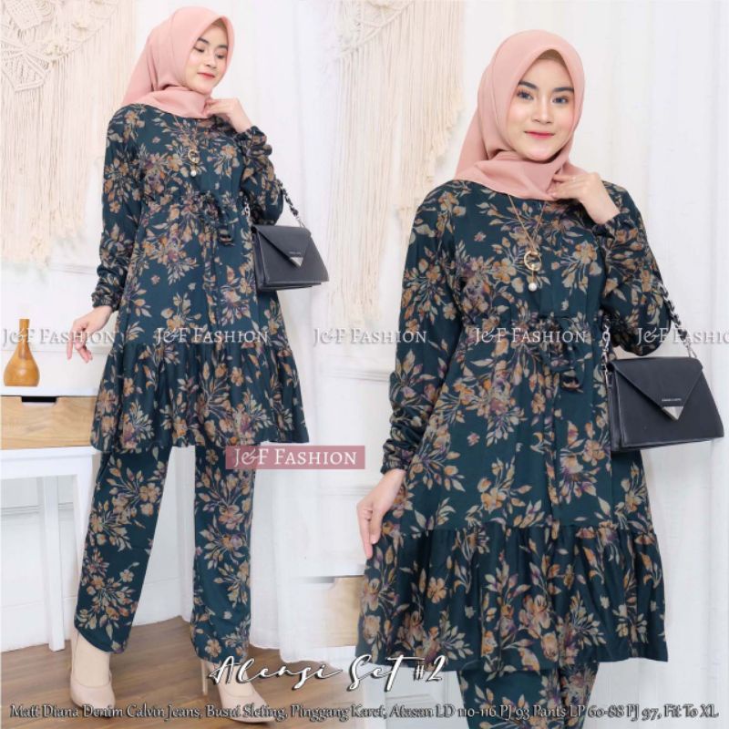 Alensi 2 Set HAWAI Set Aplikasi Diana Denim Premium Adem Melar Nyaman Dipakai Reamaja Ibu-Ibu