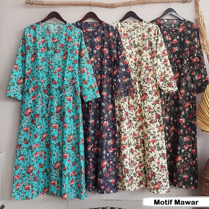 baju gamis Katun Jepang Motif Rasti, Bunga, Etnik, Retro, Polkadot, Vintage best seller-Mawar Maroon