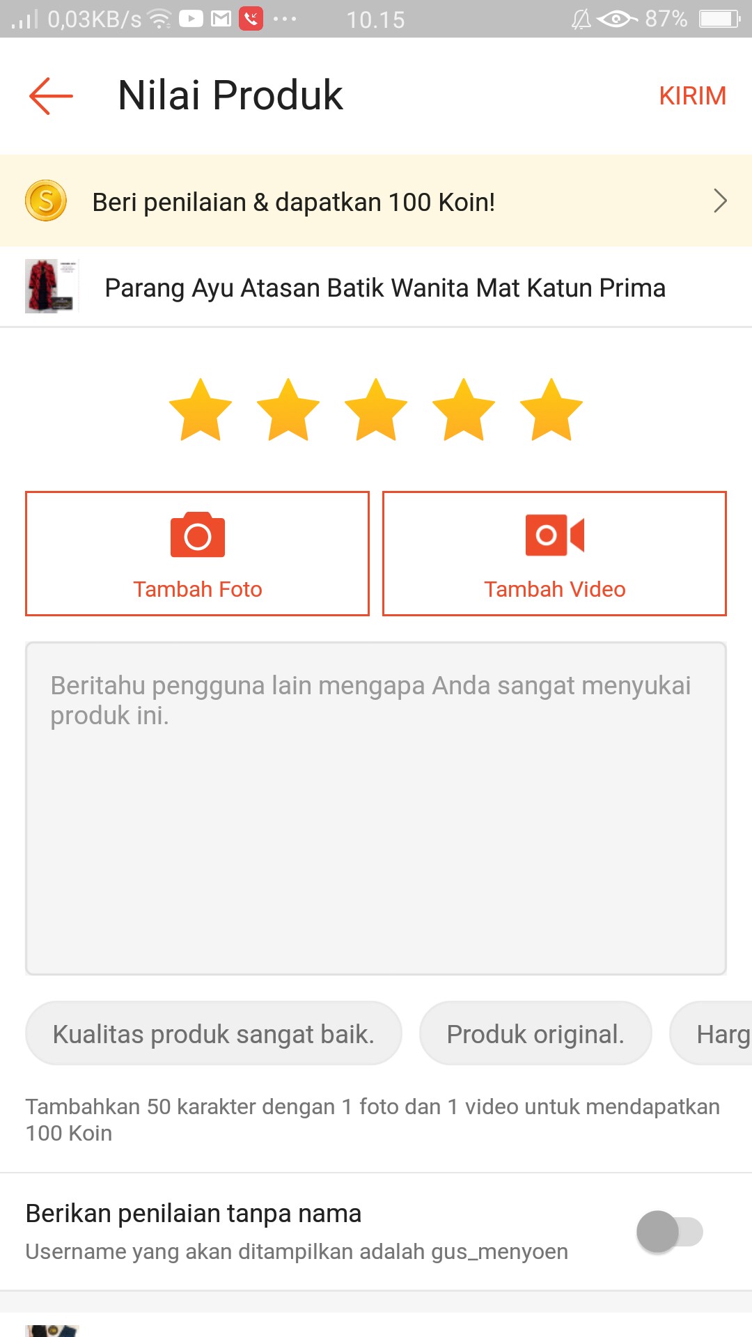 Parang Ayu Atasan Batik Wanita Mat Katun Prima