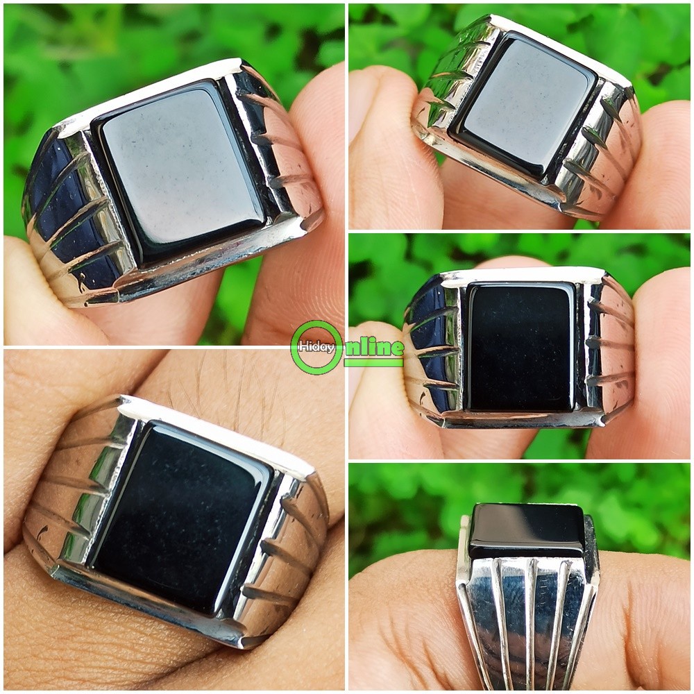 NATURAL BLACK ONYX / ONIX KOTAK RING MONEL ELEGAN