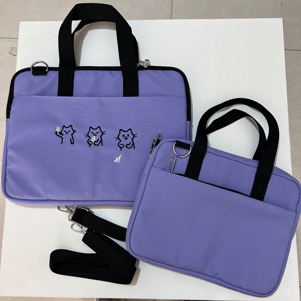 Sleeve Pouch Sarung Tas Bag Case Ipad Tab Tablet Macbook Air Pro Laptop Asus Acer Lenovo HP Huawei 11 12 13 14 15 inch Motif Gambar Kartun Bear Cat Warna Coklat Khaki Purple Ungu Cute Murah Korean Model Jinjing Tali Strap Selempang