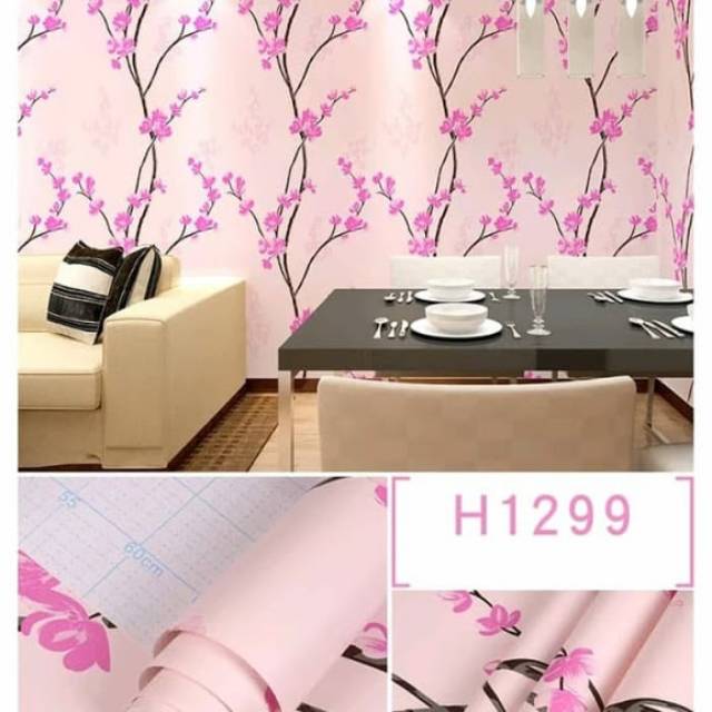 Grosir Murah Wallpaper Sticker Dinding Warna Dasar Baby Pink Motif Bunga Kecil2 Ada Tangkay Nya