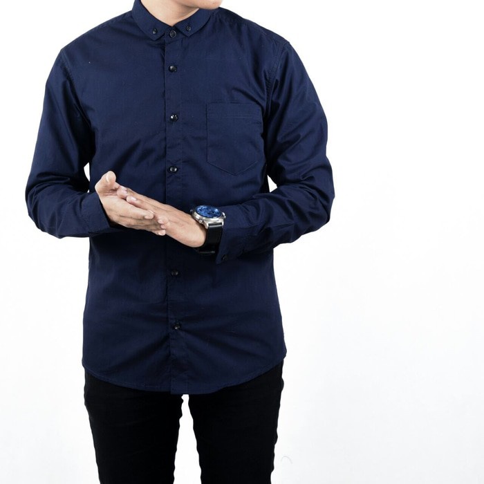 Kemeja Cowok polos lengan panjang slimfit hem pria kantor hitam navy putih