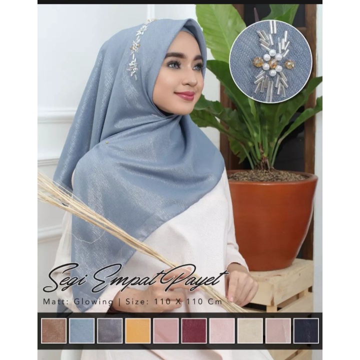 [Bisa COD] Hijab Sinar Glowing Payet / Jilbab SegiEmpat Payet Bando / Hijab Sinar Laser Payet / Ukuran 110x110cm