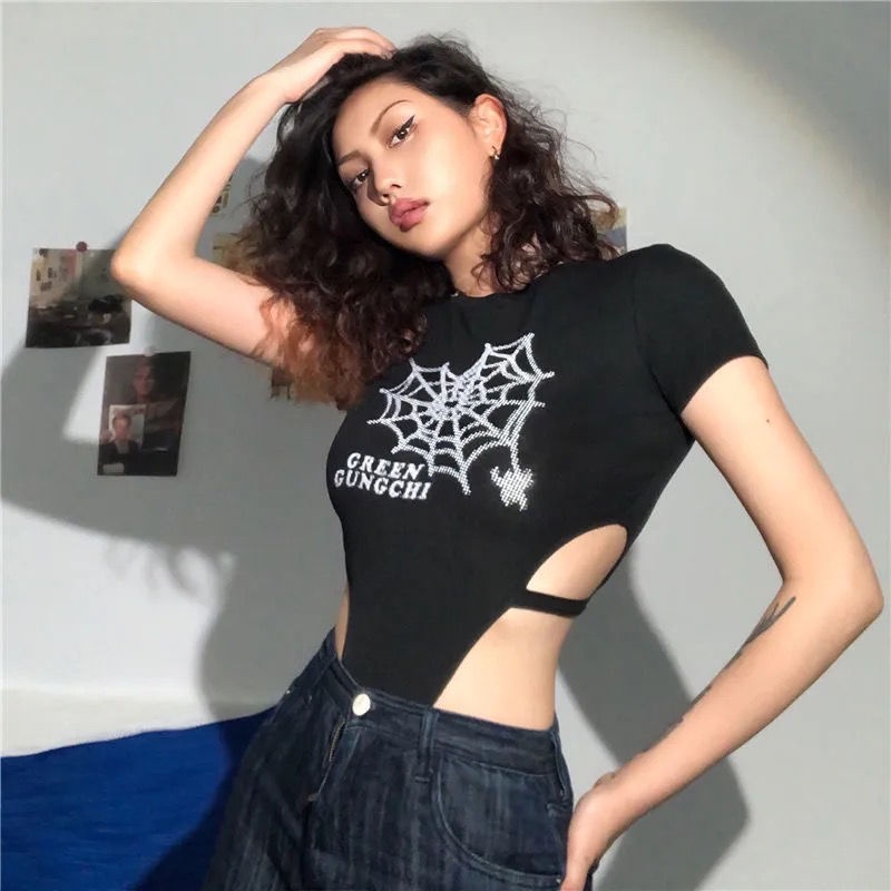 kaos wanita model korean style cutout bodysuit atasan lengan pendek cropped