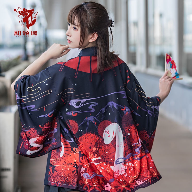 New Anime Street Cardigans Jepang Harajuku Kimono Longgar Warna Pria Hitam Hijau Merah Pakaian 2023