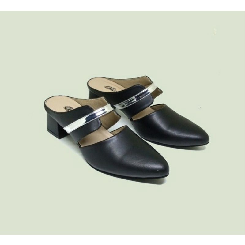 COD / Higheels Wanita Alonaid Big Size 41-45 Slop Bustong Cewek Dewasa JUMBO Kulit Krem Hitam, 44