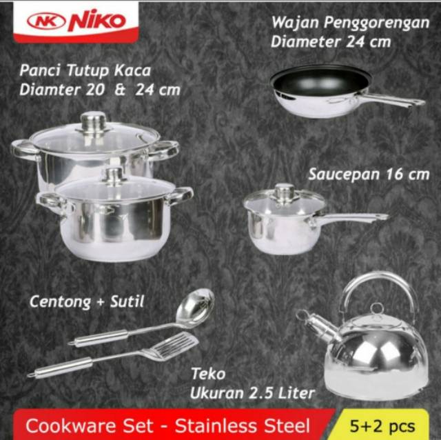 Niko  , NK 1112ST ,  Panci Set , Multifungsi , Wajan , Penggorengan , Teko  Stainlis