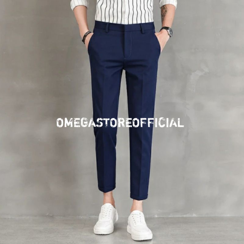 OMEGA - Celana Bahan Dasar Formal Pria Slim Fit - Navy Biru Gelap