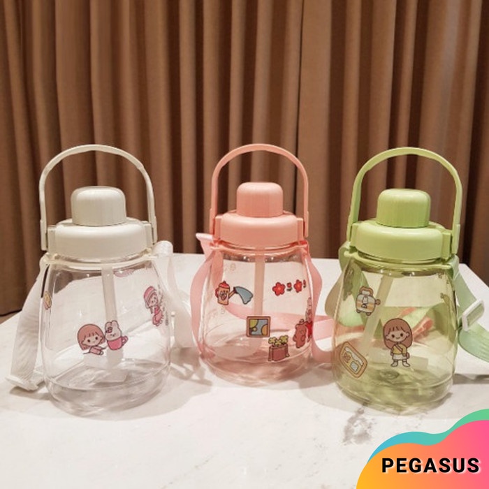 H486 Big Belly Water Bottle / Botol minum anak + Stiker , Tali ,Handle - Biru