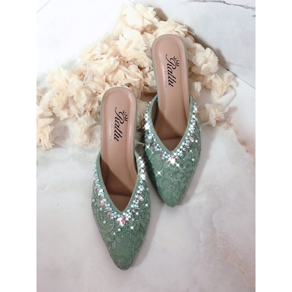 Termurah!!! Heels 7cm Brukat payet hijau sage Farsya series / sepatu pengantin / sepatu wanita /wedding shoes / sepatu wisuda / sepatu kondangan