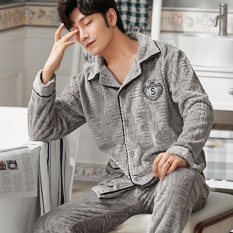 Men pajamas winter import baju tidur musim dingin piyama set cowok hangat atasan dan bawahan big size