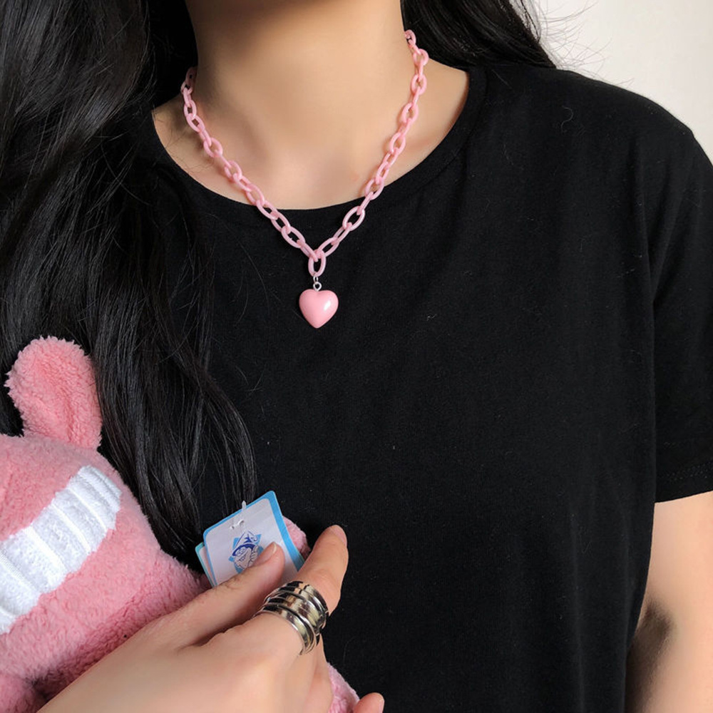 Kalung Bentuk Hati Warna Pink Ungu Bahan Akrilik Gaya Korea Untuk Wanita