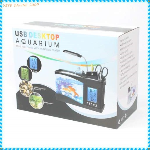 Aquarium Mini Meja Jam Digital Pompa Acc Lampu Usb Putih