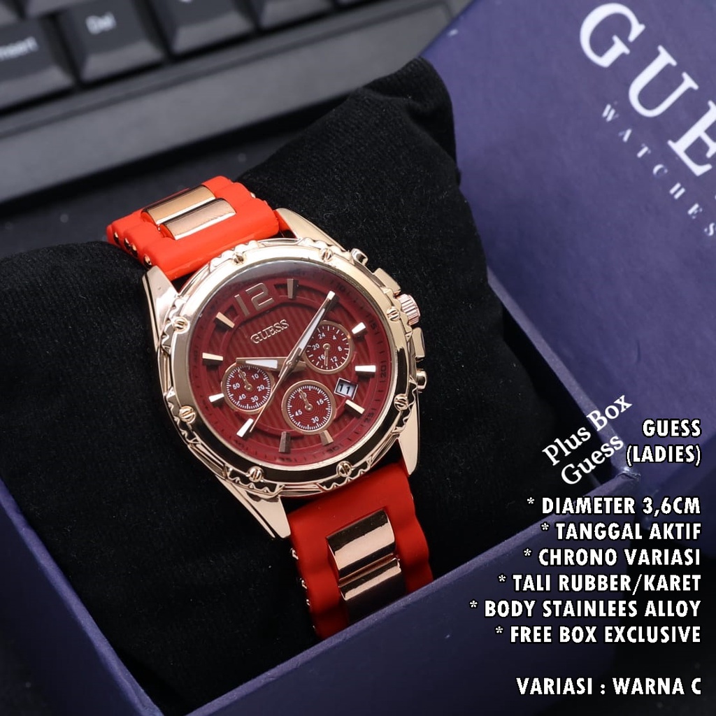 (FREE BOX) JAM TANGAN WANITA GUESS TALI RUBBER BODY BULAT TANGGAL AKTIF CHORNO VARIASI