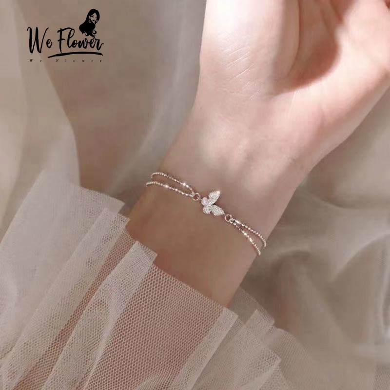 We Flower Korean Crystal Butterfly Bracelet for Women Girls Double Silver Beaded Wrist Chain Jewelry