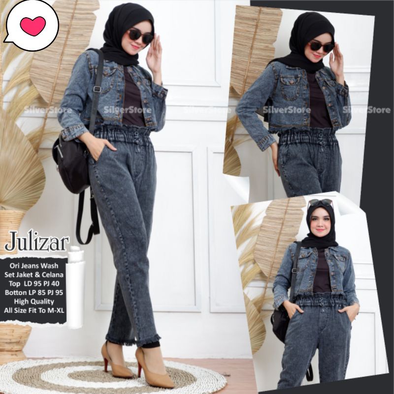 0Julizar Set Setelan Baju Wanita Jaket dan Celana Jeans Setelan Outfit Kekinian Casual OTD PREMIUM  