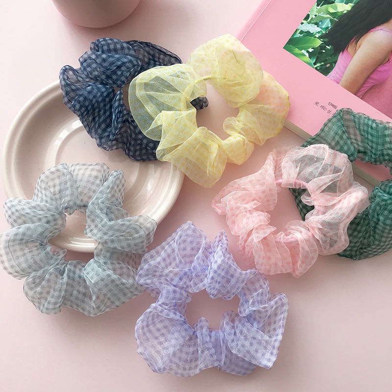 Ikat Rambut Scrunchie Elastis Motif Kotak-Kotak / Ikat Rambut Ponytail Elastis Bahan Satin