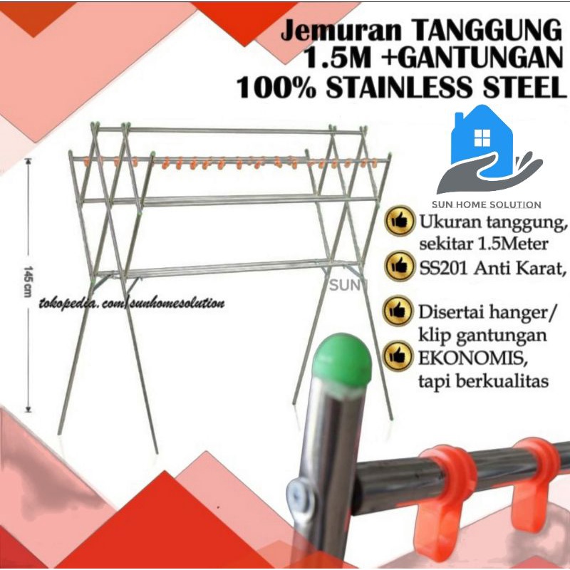 Jemuran 1.5M Tanggung Stainless Steel Rak Baju/Pakaian Kecil Sedang Lipat dengan Gantungan Hanger