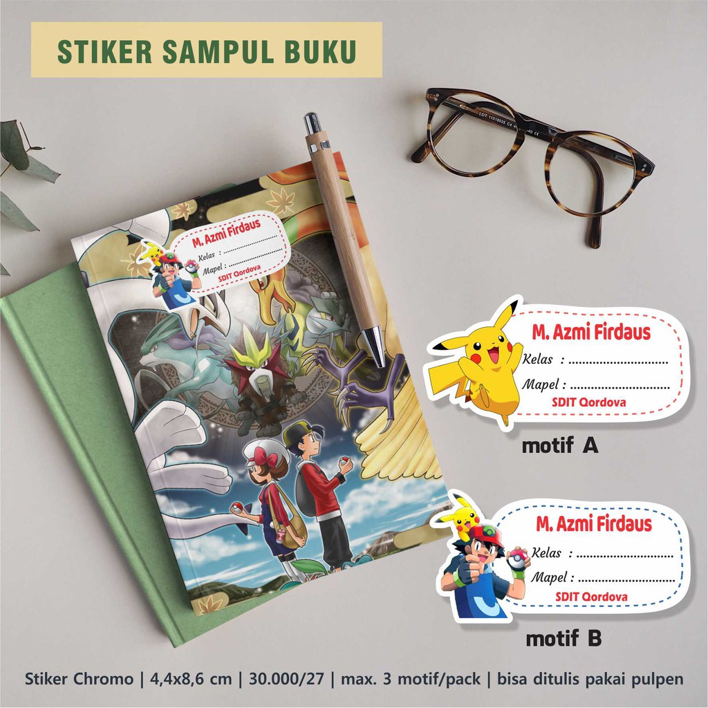 Stiker nama sampul buku Tulis Tema Pokemon Pikachu