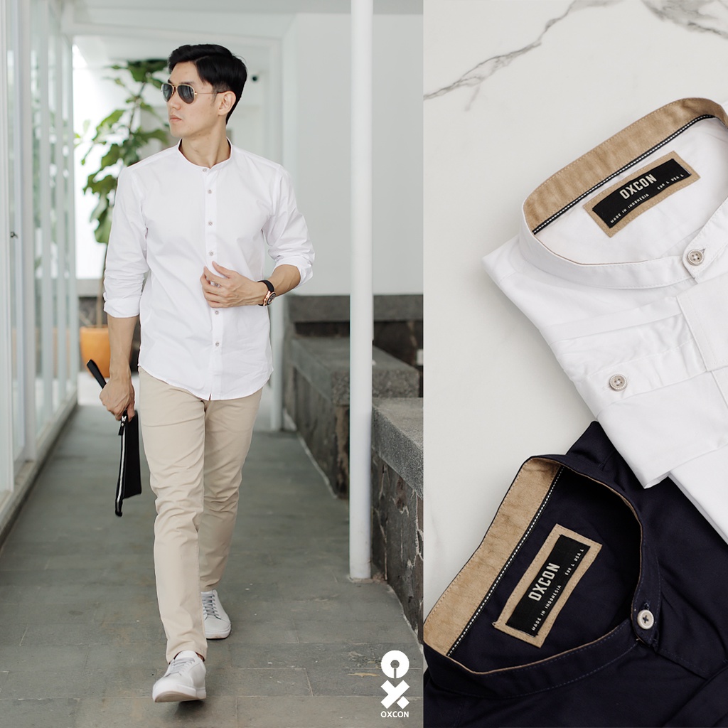 Kemeja pria koko white Suede OXCON collarless sleeve