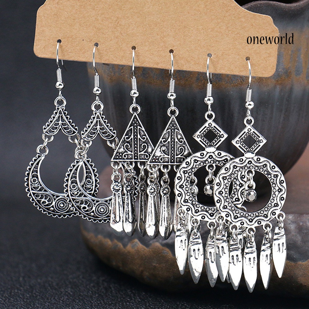 OW# 3Pairs Geometric Round Seashell Dangle Women Hoop Hook Earrings Party Jewelry