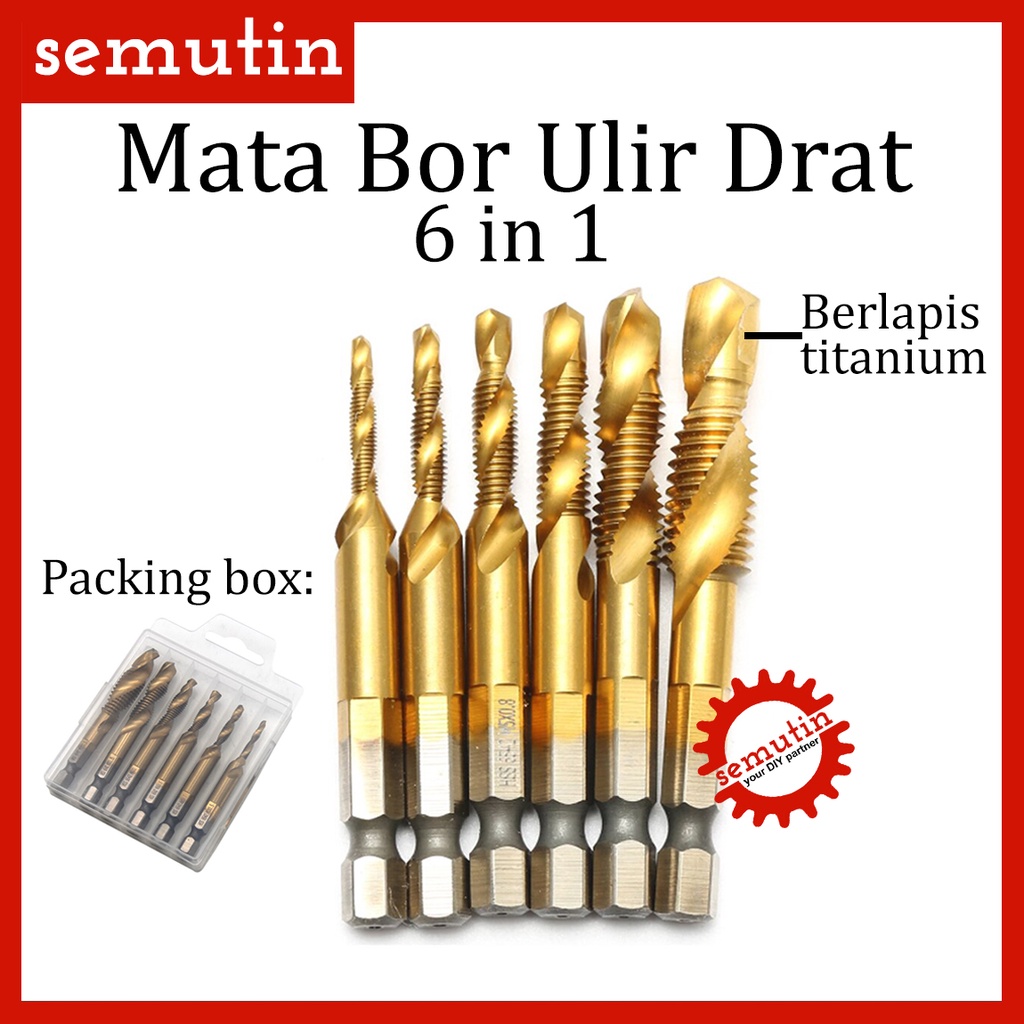 Mata Bor Ulir Drat 6in1 Berlapis Titanium / Tap Drill Hex Shank Bit Countersink HSS M3-M10