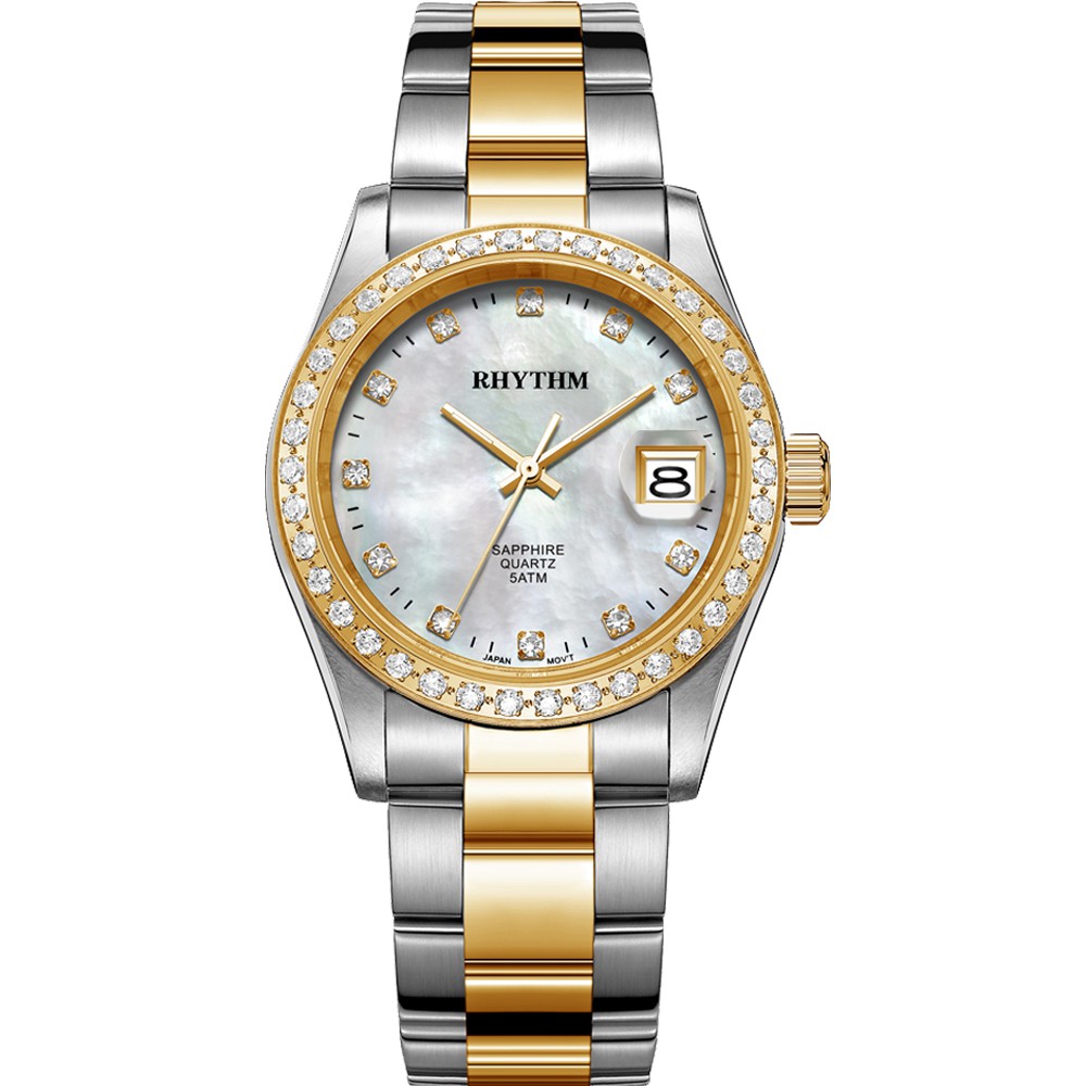 JAM TANGAN WANITA RHYTHM RQ1619 S03 RQ1619S03 ANALOG SILVER GOLD COMBI STAINLESS STRAP