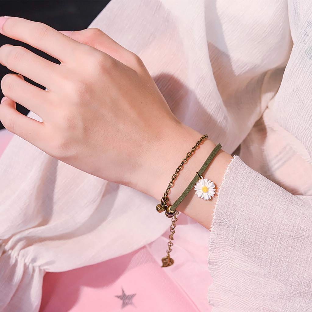 Hu Hu Hu Hu Hu Alat Bantu Pasang Kacamata♡ Gelang Double Layer Adjustable Desain Daun Chrysanthemum Gaya Vintage Untuk Wanita