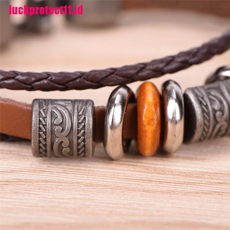 (LUCK) Gelang Tangan Kulit Coklat Handmade Gaya Punk Retro Untuk Pria