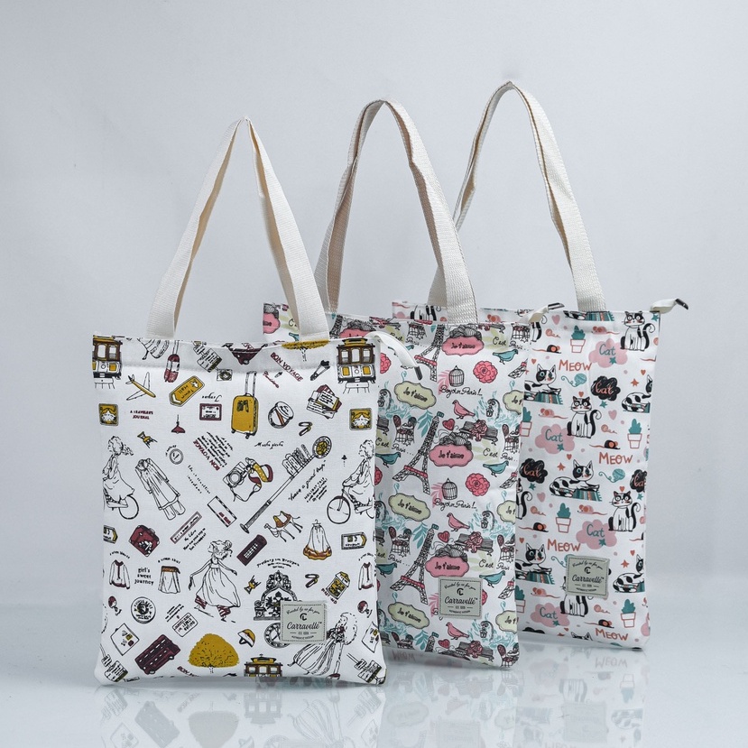 Totebag kuliah Wanita  resleting  bahan  Kanvas motif bisa custom sablon untuk Tas seminar souvenir
