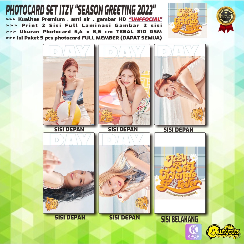 PHOTOCARD FULL SET PREMIUM ITZY &quot;SEASON GREETING 2022 / PRINT 2 SISI FULL LAMINASI GLOSSY ISI 5 PCS SEMUA MEMBER