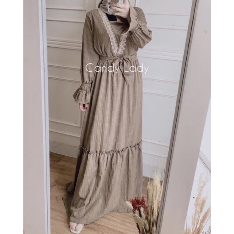 Gamis Polos Wanita Linen Crinkle Gessa Maxi Dress Renda