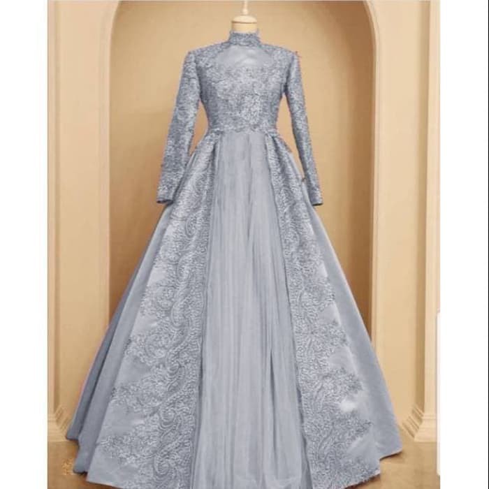 baju pesta mewah gamis nuraini abu xl brukat gaun remaja nur ta