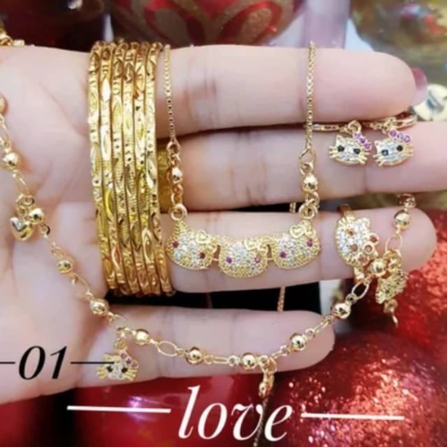 TERMURAH Set Perhiasan Xuping ANAK Lapis Emas Lengkap 5 In 1 Gelang Kaki Hello Kitty XT0007 Titanium