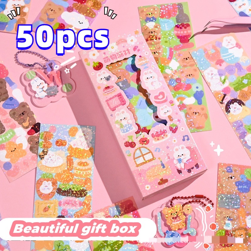 50 Pcs / set Stiker glitter Motif Kartun Hewan Gaya Korea Untuk Dekorasi album Foto