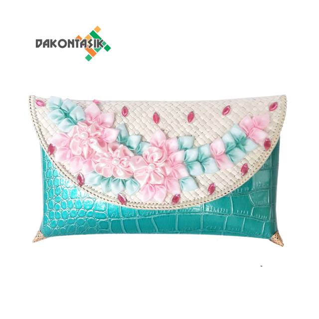 [TERLARIS] Dompet Pesta anyaman pandan croco / clutch Kondangan bunga etnik cantik Plus Rantai