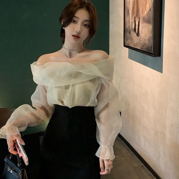 Suhao Lin Shanshan &quot;Peri Hazy&quot; Satu kata leher off-shoulder kemeja sifon peri wanita atasan lembut