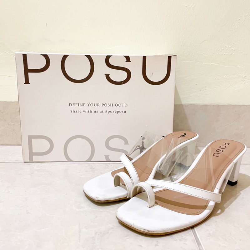 PRELOVED POSU Ni Blok Heels White size 37 - Sepatu Hak Tinggi Wanita Open Toe Putih 7 cm Zara Murah
