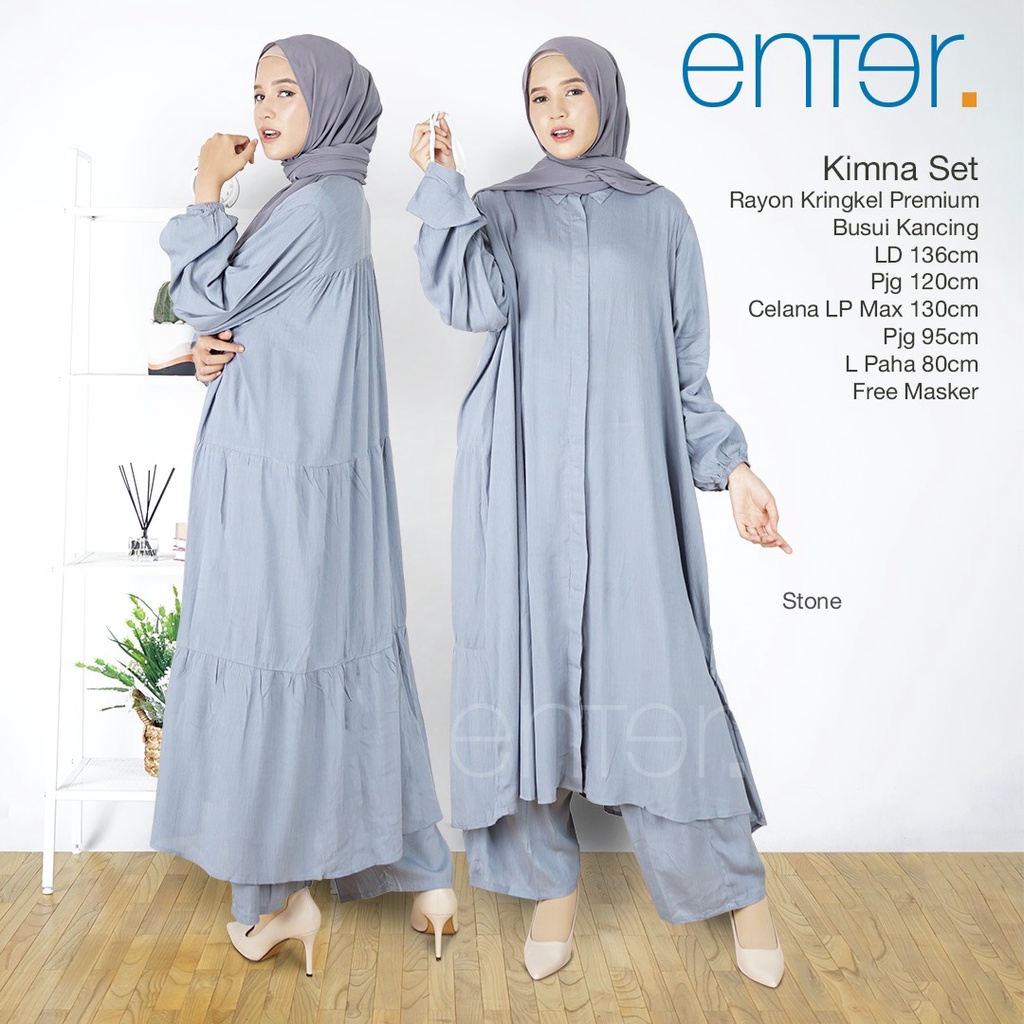 Enter Kimna Set Stelan Wanita Kekinian Crinkle Airflow Baju Setelan Jumbo LD 130 One Set Long Tunik-3