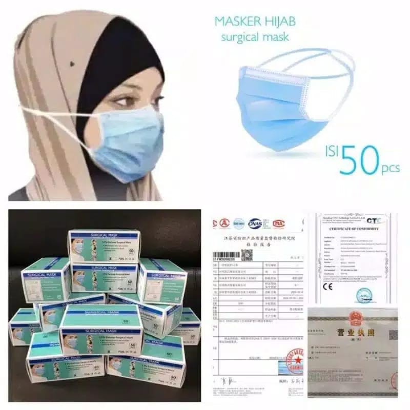 Trijaya . masker anak &amp; dewasa 3PLY Isi 50PCS/BOX disposable mask earloop &amp; headloop untuk Hijab