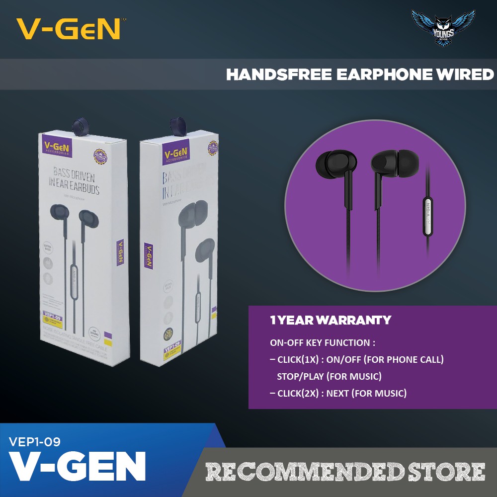 EARPHONE V-GEN VEP1-09 HANDSFREE ORIGINAL HD SOUND EXTRA BASS VGEN