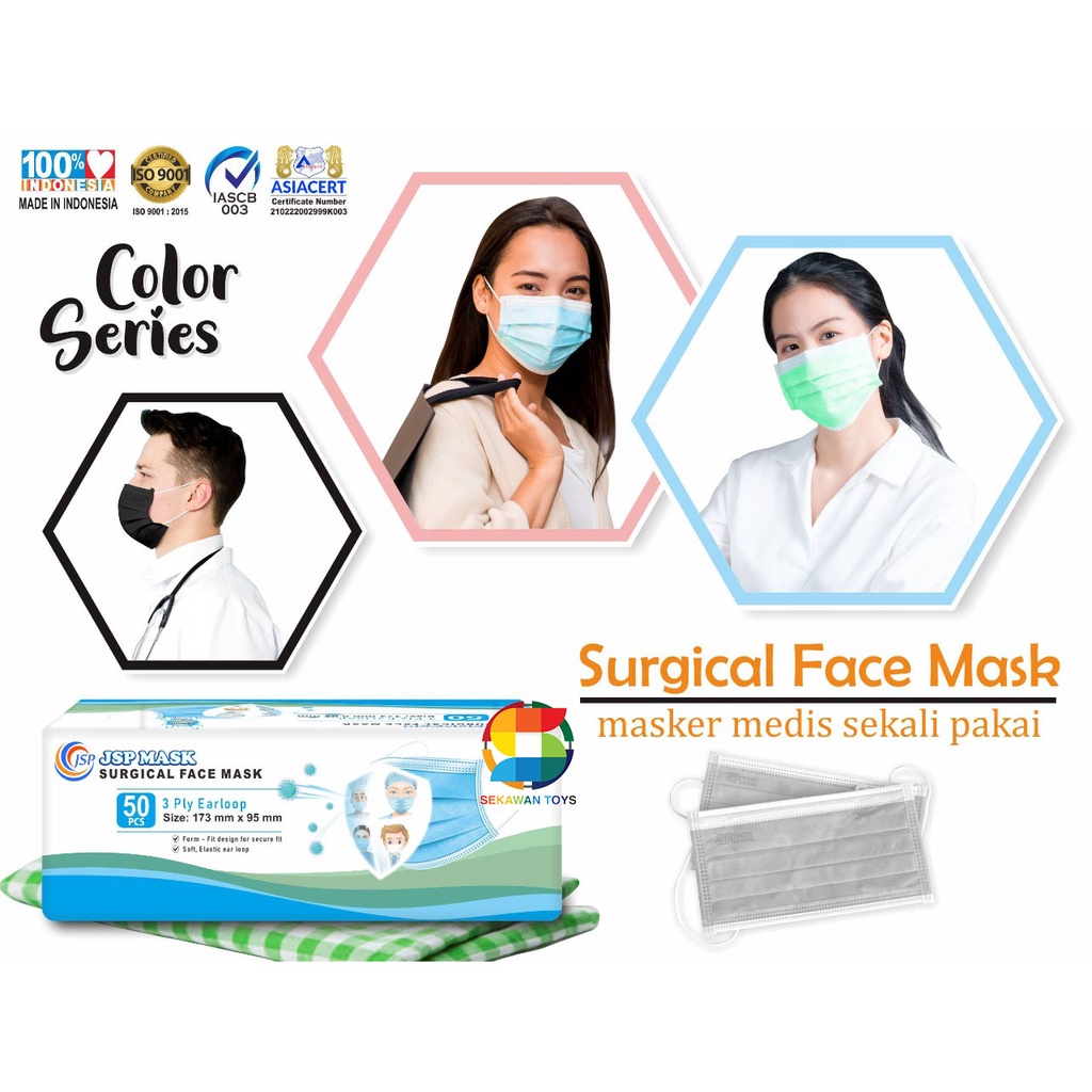 (BISA COD) MASKER JSP/ MASKER MEDIS 3PLY ISI 50 PC SUDAH KEMENKES TER AMAN! EARLOOP SM09 JSP MASK SEDIA KARTONAN