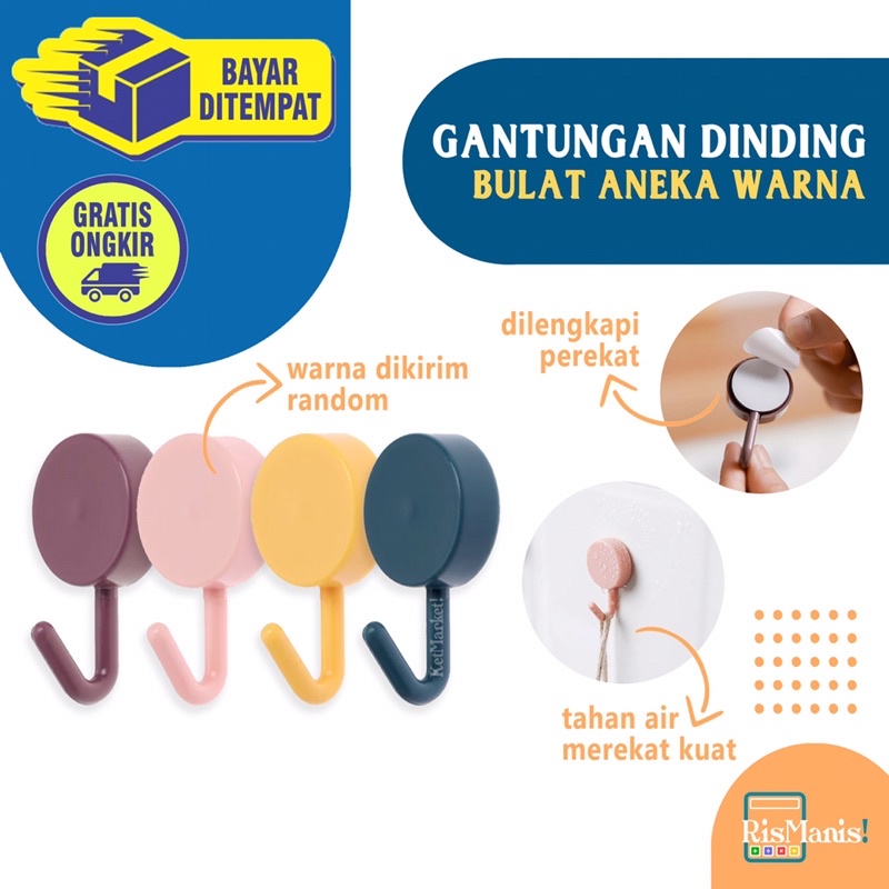 COLORFUL ROUND WALL HOOKS Hanger Pengait Gantungan Tembok Tempel Dinding Cantolan Bulat Aneka Warna