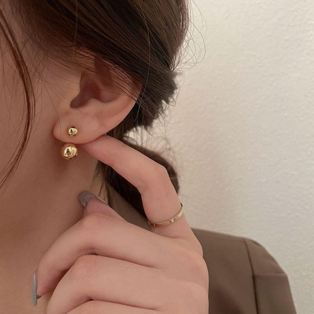 Needway Stud Earrings Elegan Sederhana Bola Bulat Emas Perak Kepribadian Temperamen Anting Gaya Korea