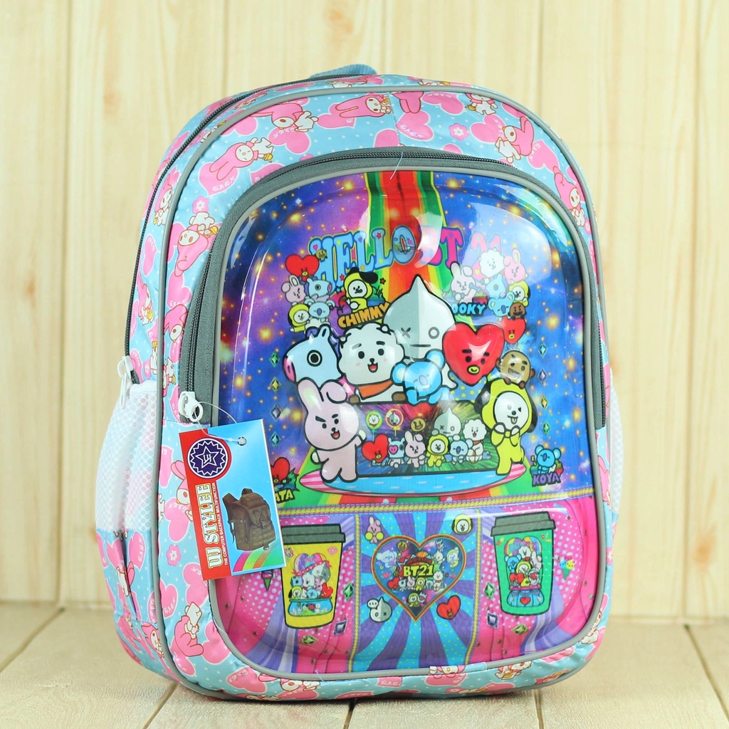 Tas Sekolah Anak Perempuan TK Lampu BT-21 Biru Paud  Gambar Kartun Karakter Terbaru Lucu Premium SD SMP Mini Murah BT21 Motif Karakter Berkualitas