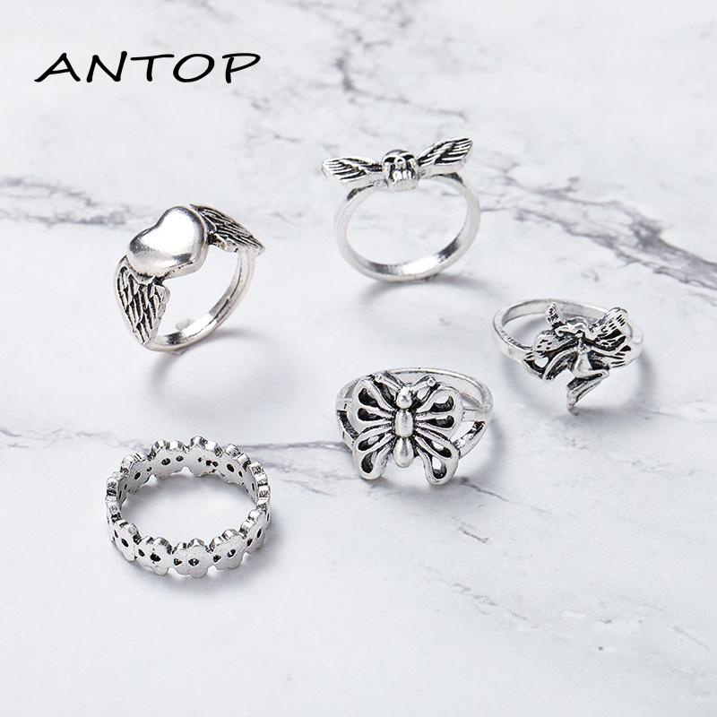 5pcs / Set Cincin Model Terbuka Desain Kerangka Kupu-Kupu Hati Hollow Out Gaya Vintage