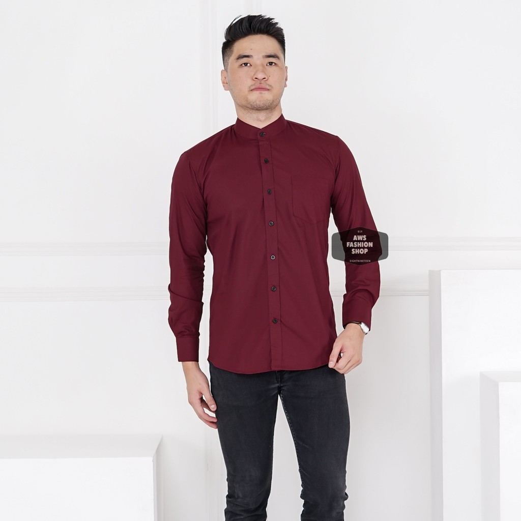 Baju Hem Kemeja Lengan Panjang Pria Merah Maroon Red Kerah Shanghai Polos Slimfit Casual 3305