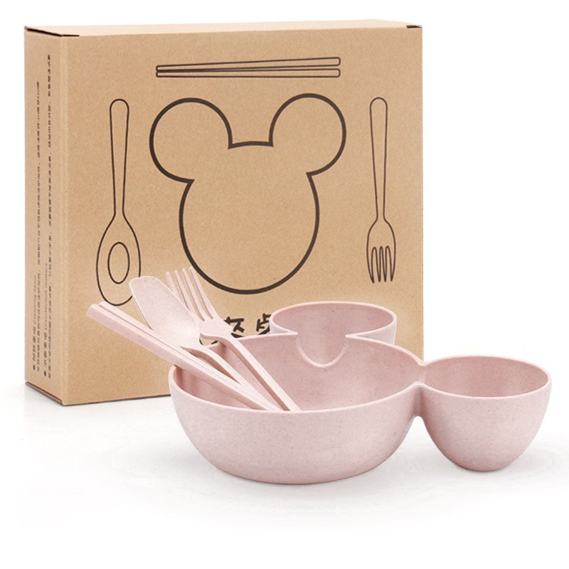 Mangkok Set Peralatan Makan Anak 4 in1Bahan Jerami Gandum Children Tableware Piring Kartun VS-25-Pink