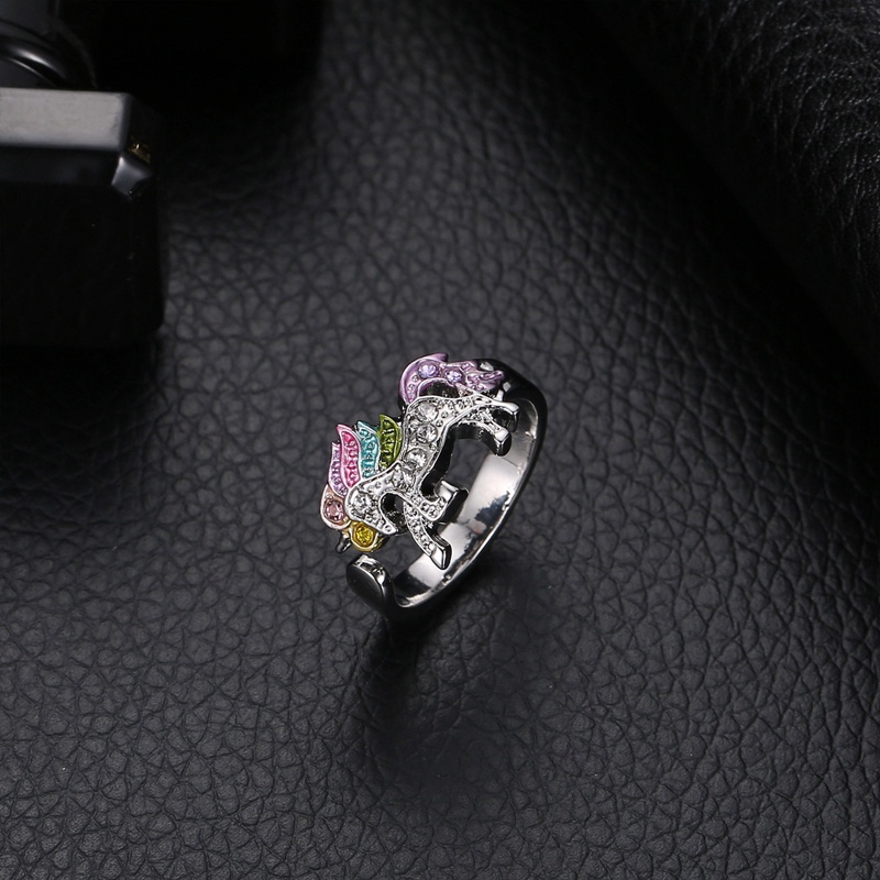 Cincin Model Terbuka Adjustable Desain Kartun Unicorn Aksen Berlian Warna Pelangi